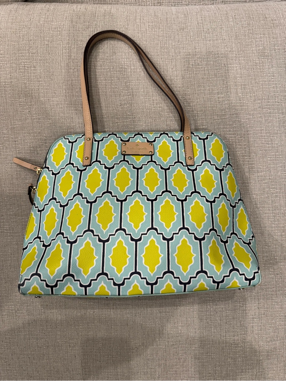 KATE SPADE Cabana Tile Light Blue & Yellow Geometric Damien Tote w/Tan Handles